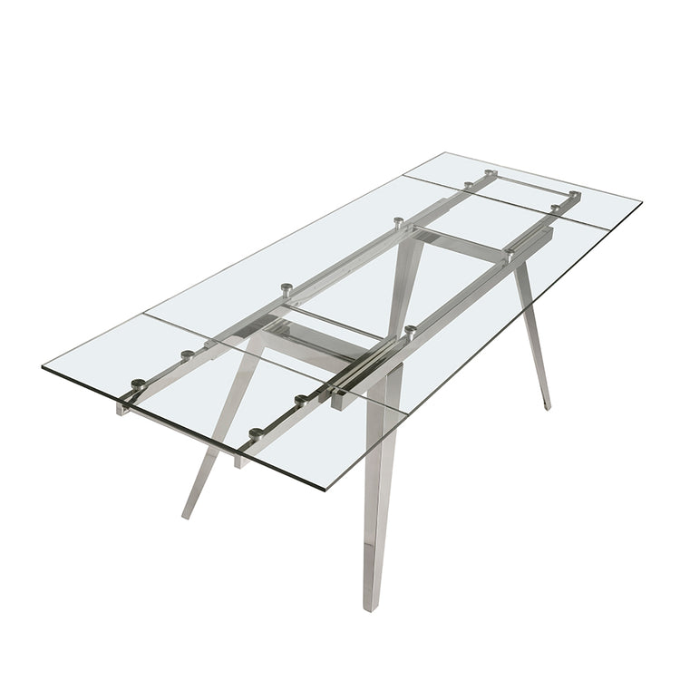 Extendible Dining table with tempered glass top and stainless steel frame