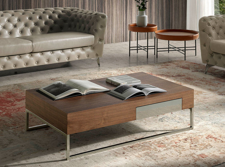 Coffee table in walnut veneer with chrome plated steel legs - Angel Cerdá