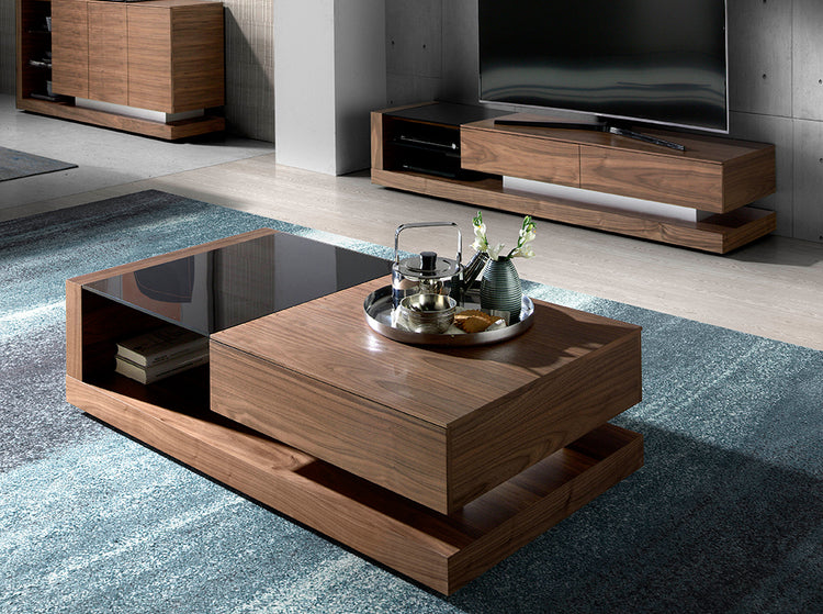 Walnut wood coffee table and black stained glass with drawer - Angel Cerdá