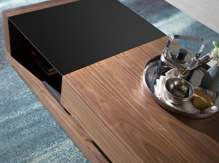 Walnut wood coffee table and black stained glass with drawer - Angel Cerdá