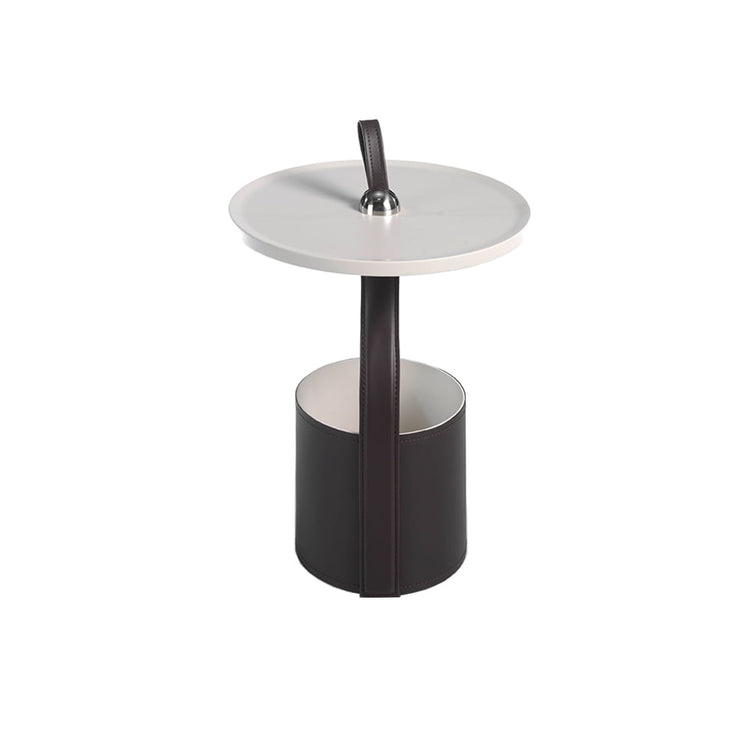 Round corner table in sand-colored wood and chocolate brown leatherette base - Angel Cerdá