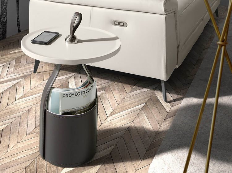 Round corner table in sand-colored wood and chocolate brown leatherette base - Angel Cerdá