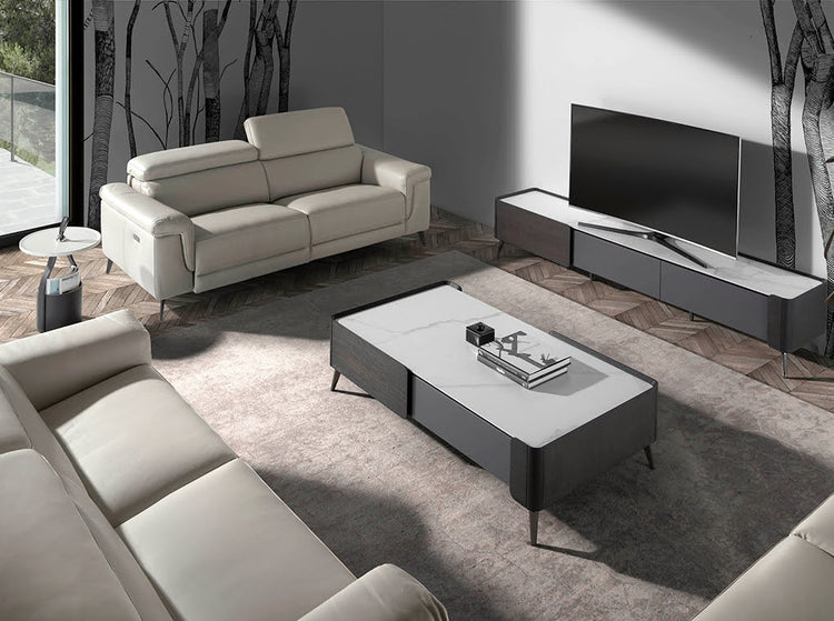 Round corner table in sand-colored wood and chocolate brown leatherette base - Angel Cerdá