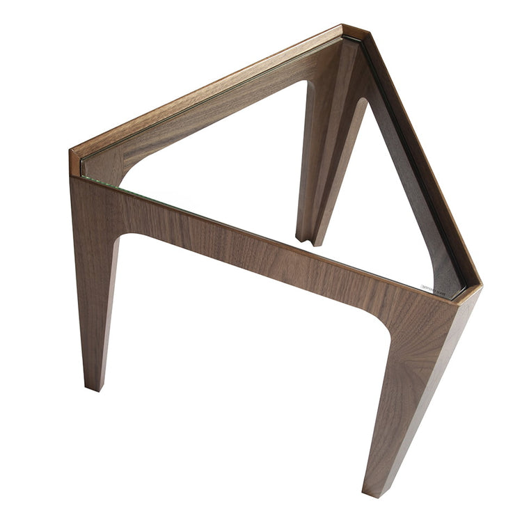 Corner table in walnut veneered wood and tempered glass top- Angel Cerdá