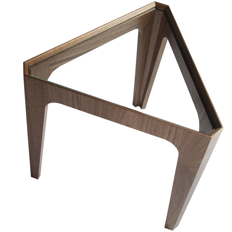Corner table in walnut veneered wood and tempered glass top- Angel Cerdá