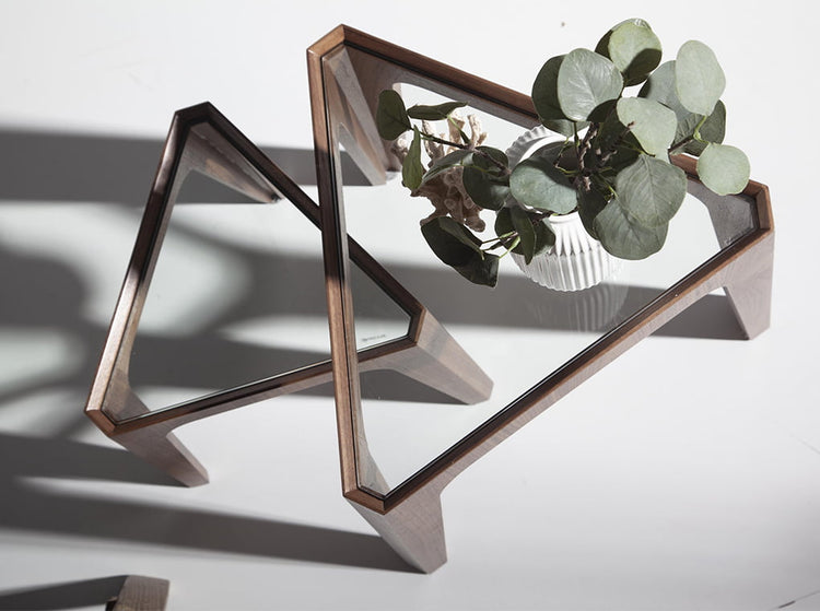 Corner table in walnut veneered wood and tempered glass top- Angel Cerdá