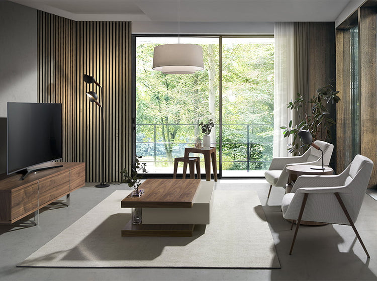 Corner table in walnut veneered wood and tempered glass top- Angel Cerdá