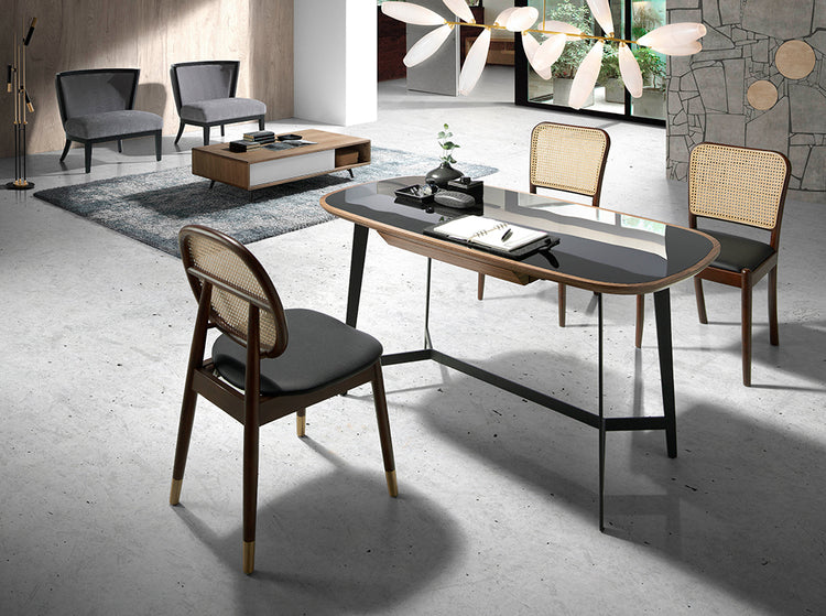 Chair upholstered in leatherette with rattan backrest and walnut wood legs - Angel Cerdá