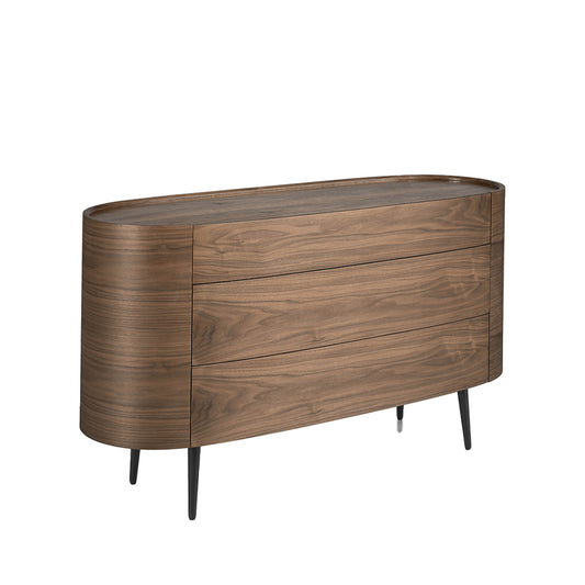 Oval chest of drawers in walnut-colored wood and black legs - Angel Cerdá