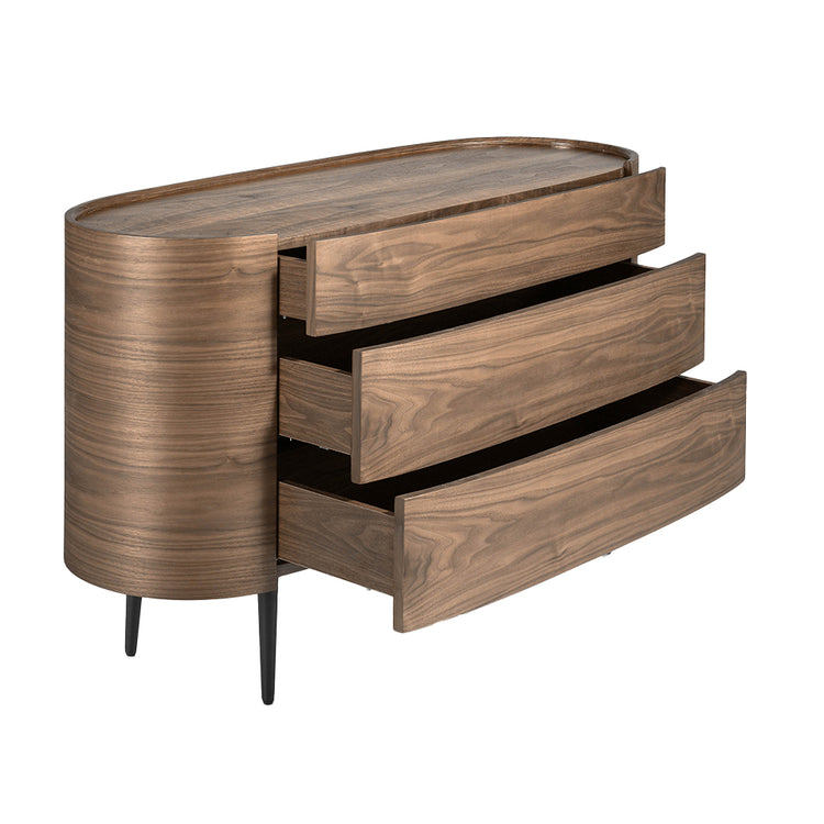 Oval chest of drawers in walnut-colored wood and black legs - Angel Cerdá