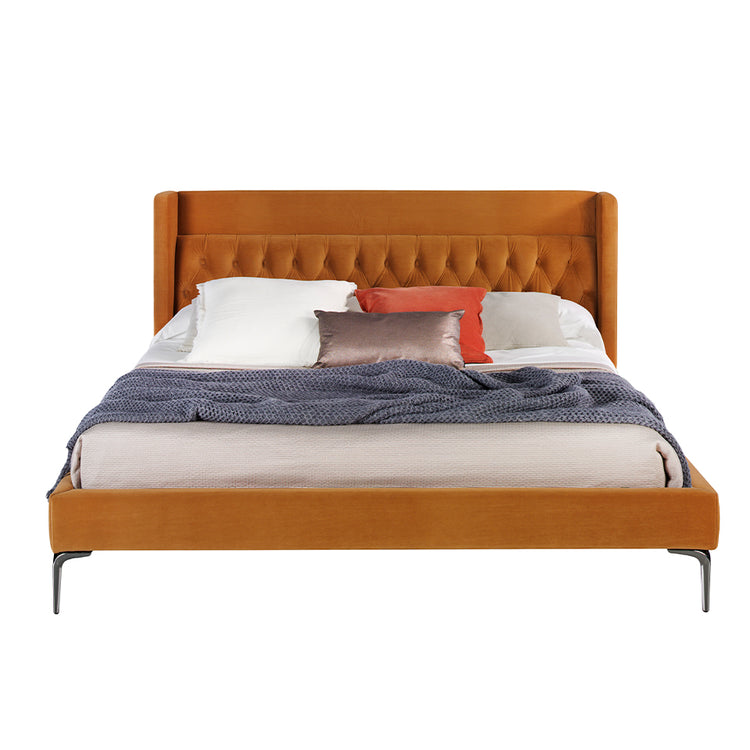 Upholstered bed upholstered in mustard velvet fabric with capitonné - Angel Cerda S.L