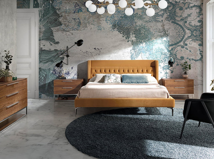 Upholstered bed upholstered in mustard velvet fabric with capitonné - Angel Cerda S.L