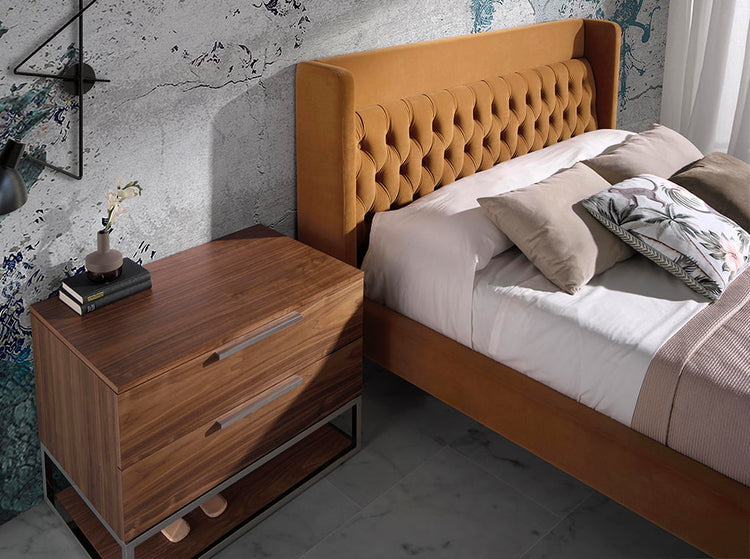 Upholstered bed upholstered in mustard velvet fabric with capitonné - Angel Cerda S.L