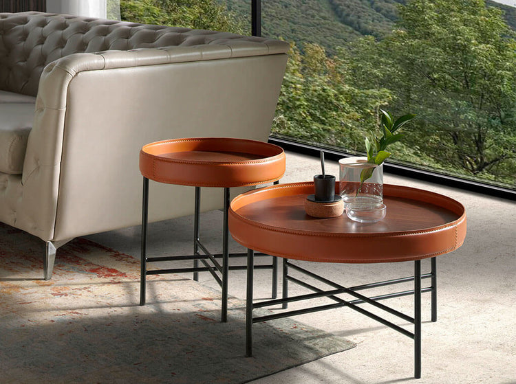 Coffee table in walnut veneer with circular ring upholstered - Angel Cerdá