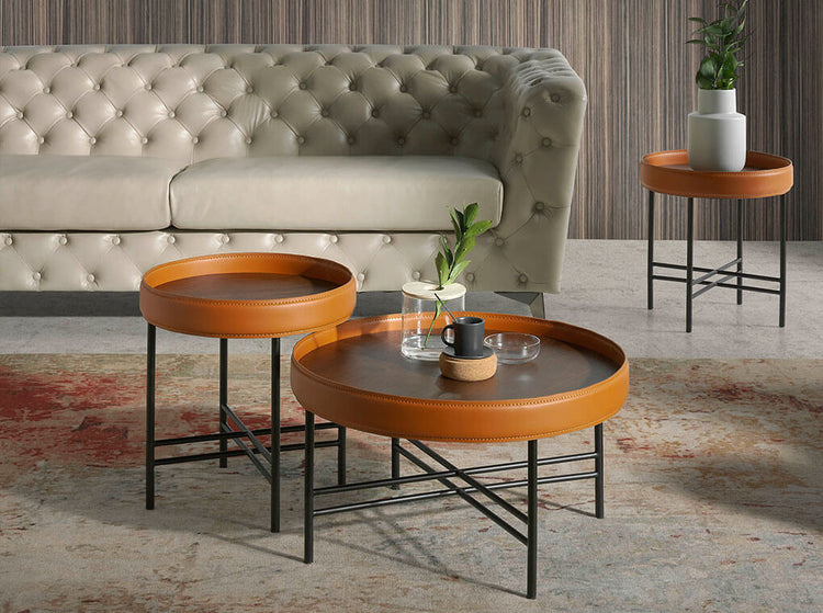 Coffee table in walnut veneer with circular ring upholstered - Angel Cerdá