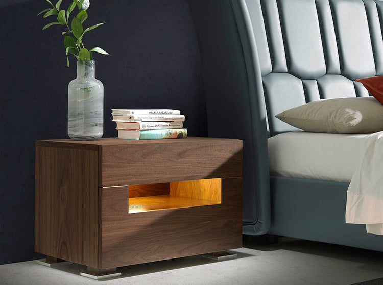 Bedside table in natural walnut veneer with interior leds - Angel Cerdá S.L
