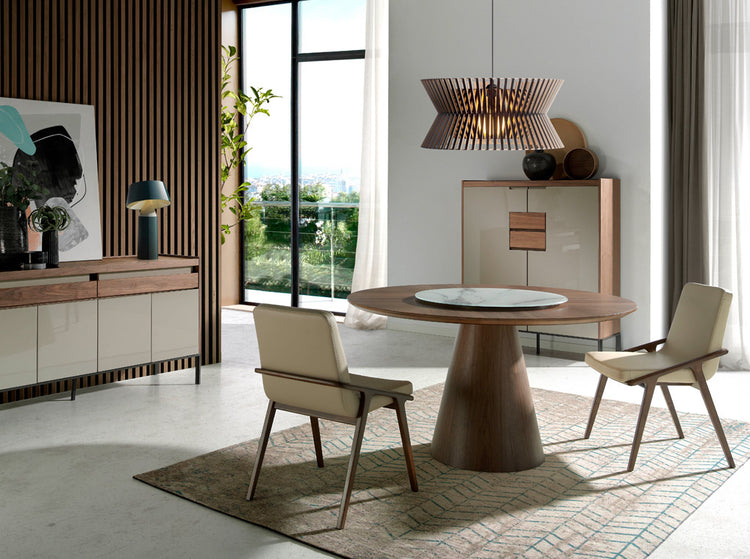 Round walnut wood dining table and porcelain turntable