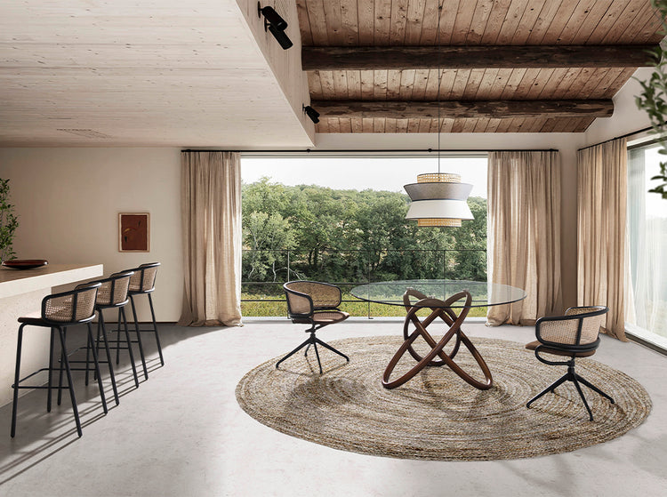 Dining table in tempered glass and solid wood in Walnut colour