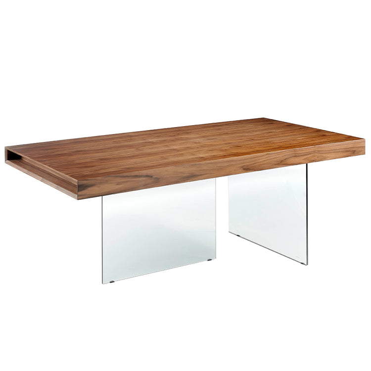 Walnut wood dining table and tempered glass