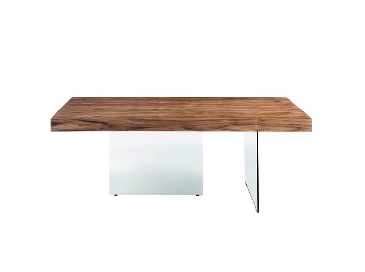 Walnut wood dining table and tempered glass