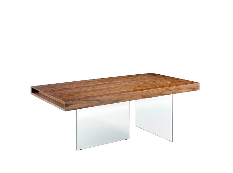 Walnut wood dining table and tempered glass