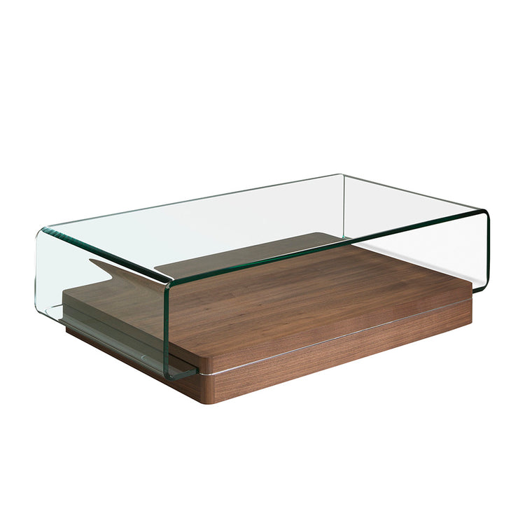 Curved tempered glass and walnut wood coffee table