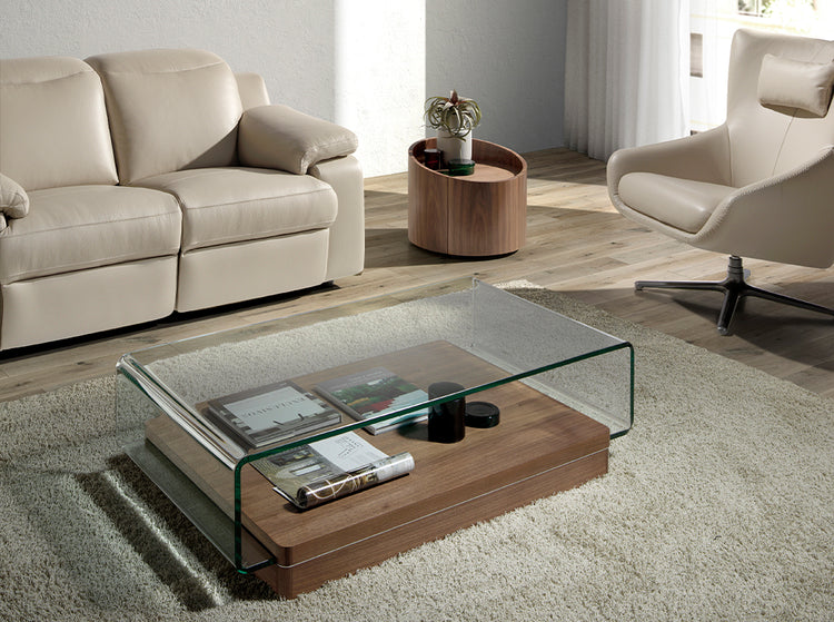 Curved tempered glass and walnut wood coffee table