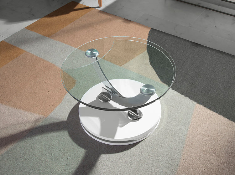 White wood and tempered glass swivel coffee table