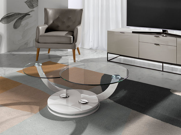 White wood and tempered glass swivel coffee table