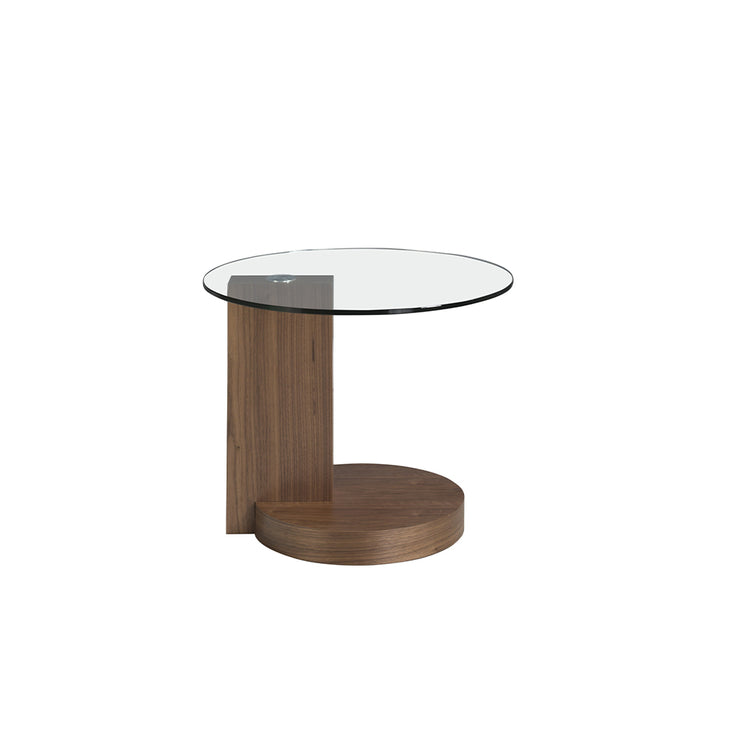 Corner table in walnut veneered wood and tempered glass top.