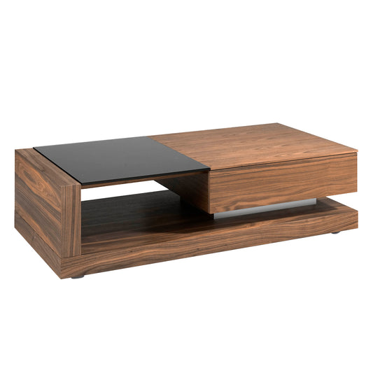 Walnut wood coffee table and black stained glass with drawer - Angel Cerdá