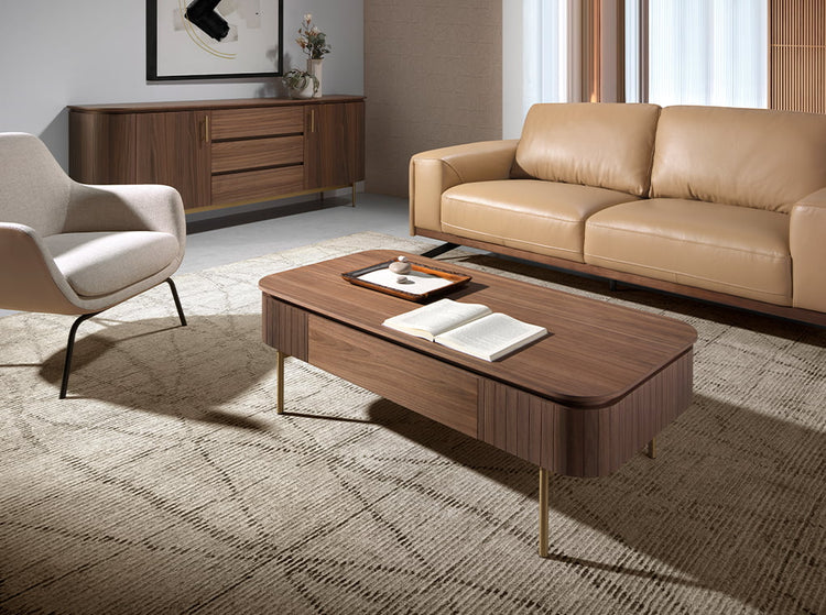 Coffee table in walnut wood and golden polished steel