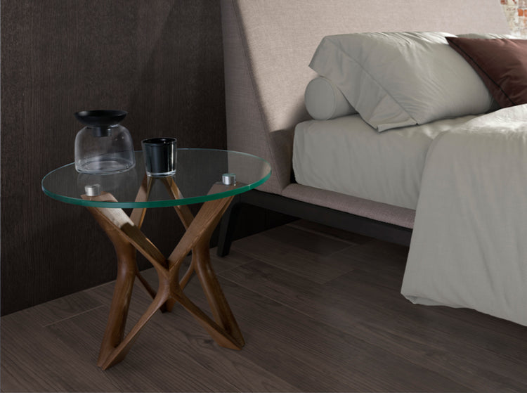 Round tempered glass and walnut corner table - Angel Cerdá