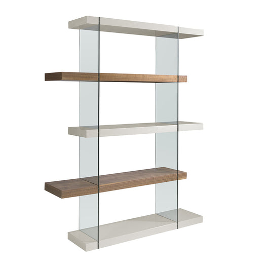 TEMPERED GLASS SHELF WITH WALNUT AND PEARL GRAY WOOD SHELVE