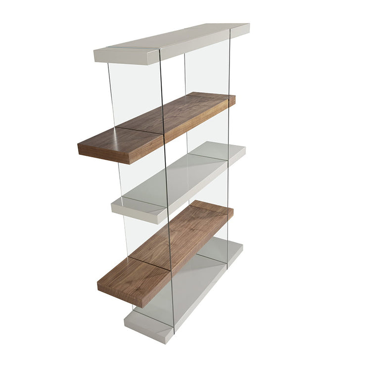 TEMPERED GLASS SHELF WITH WALNUT AND PEARL GRAY WOOD SHELVE