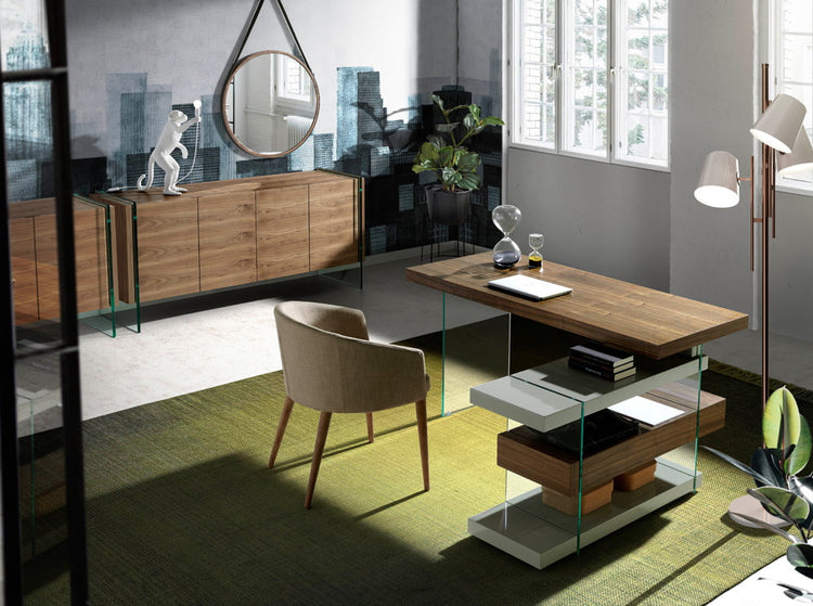 Sideboard in walnut veneered wood with tempered glass sides