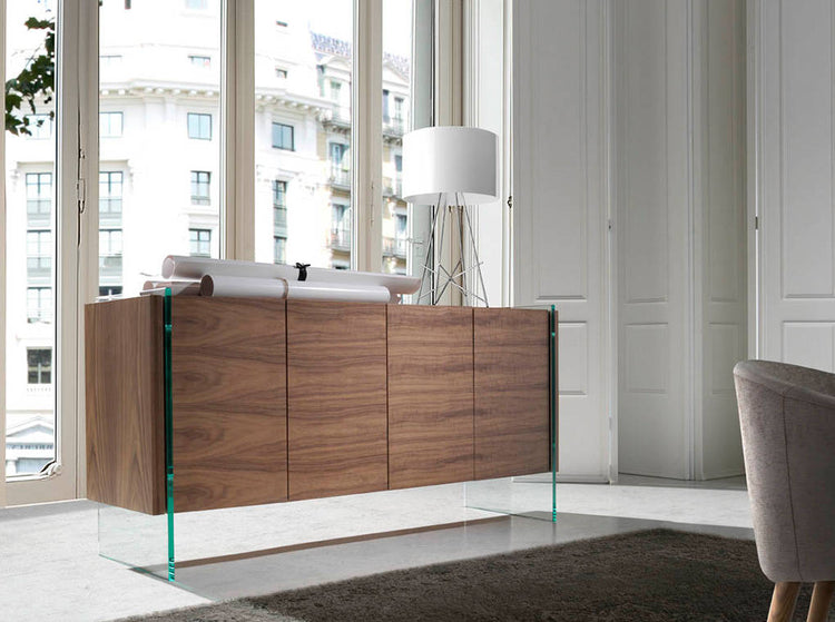 Sideboard in walnut veneered wood with tempered glass sides