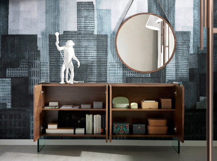 Sideboard in walnut veneered wood with tempered glass sides