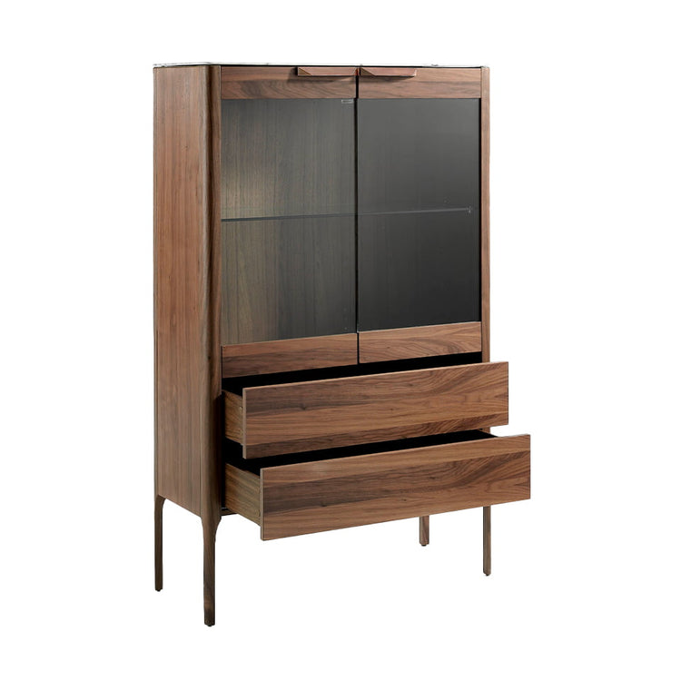 Walnut wood display cabinet and marble-effect fiberglass top