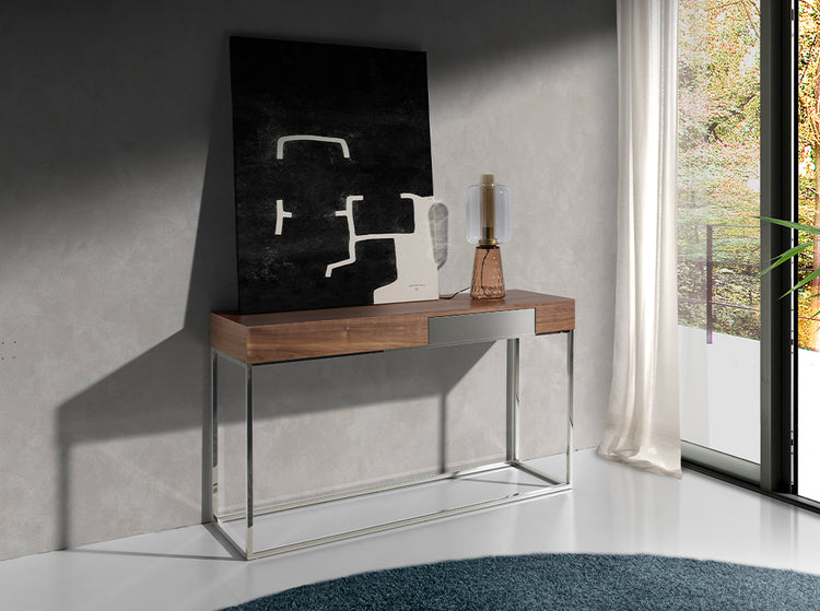 Console in walnut veneer with chrome plated steel legs - Angel Cerdá S.L.