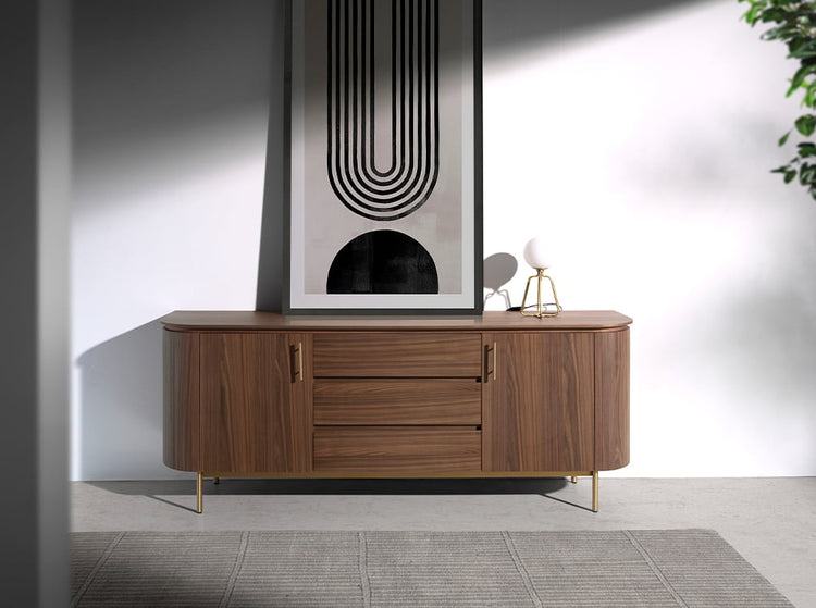 Sideboard in walnut wood and golden steel