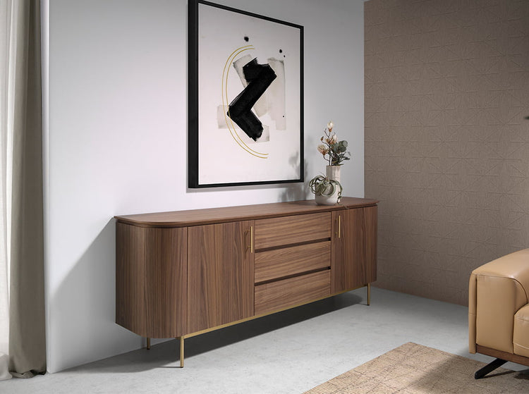 Sideboard in walnut wood and golden steel