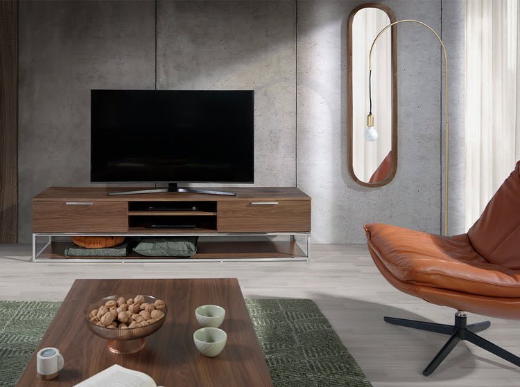 TV stand in walnut wood and chrome-plated steel-Angel Cerdá