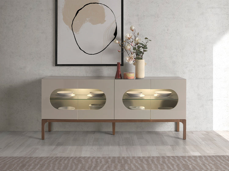 Gray and walnut wood sideboard with interior lighting