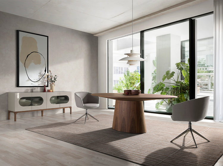 Gray and walnut wood sideboard with interior lighting