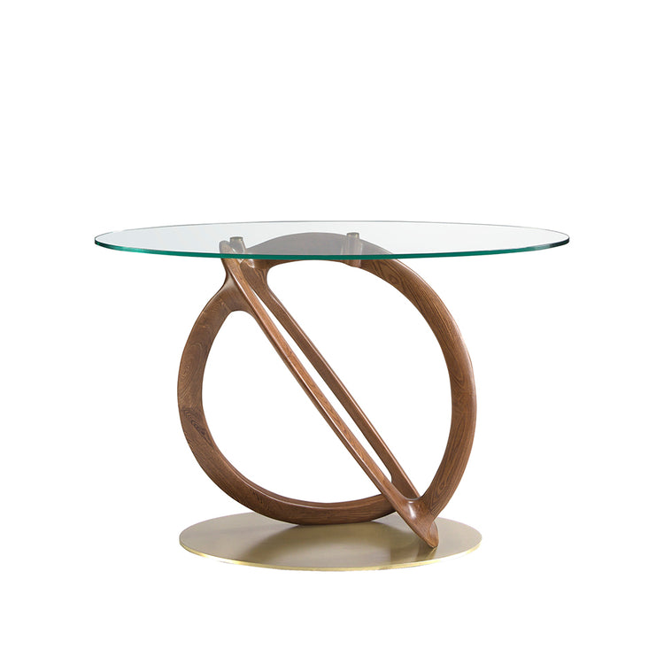 Oval console in tempered glass and walnut