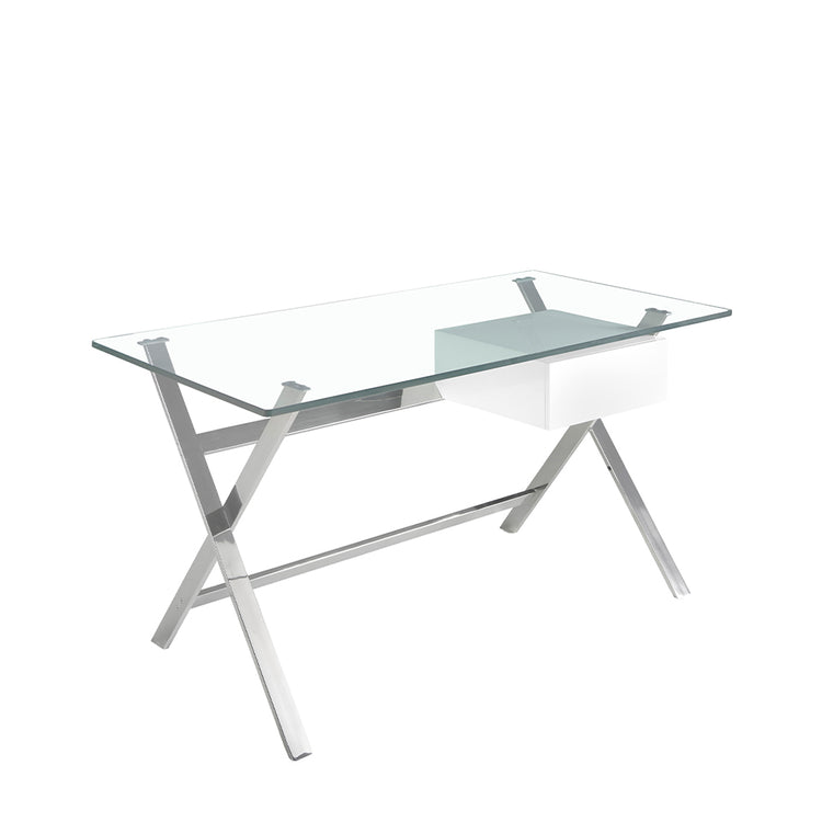 White wood and chrome-plated steel desk with tempered glass top