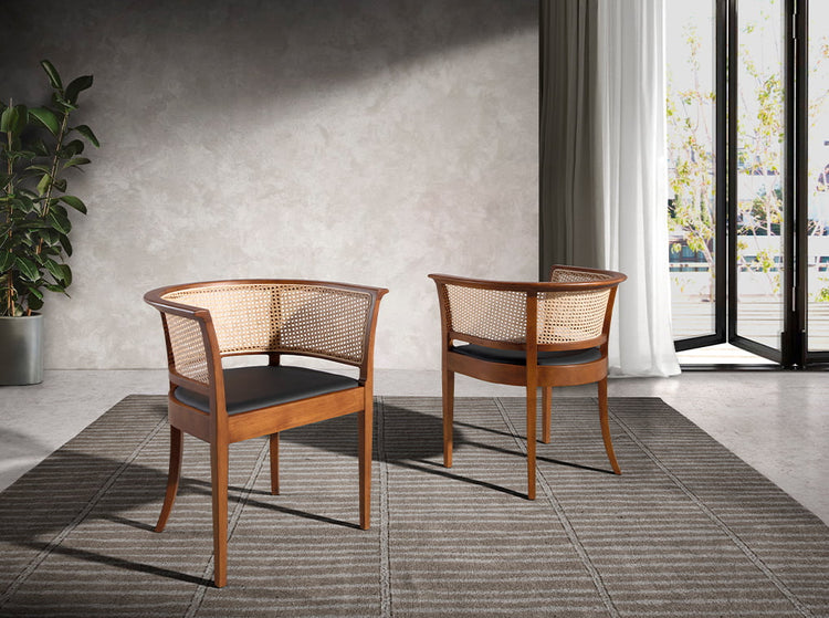 Dining chair with rattan backrest and structure in walnut wood