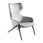 Armchair upholstered in fabric with black steel trim and legs