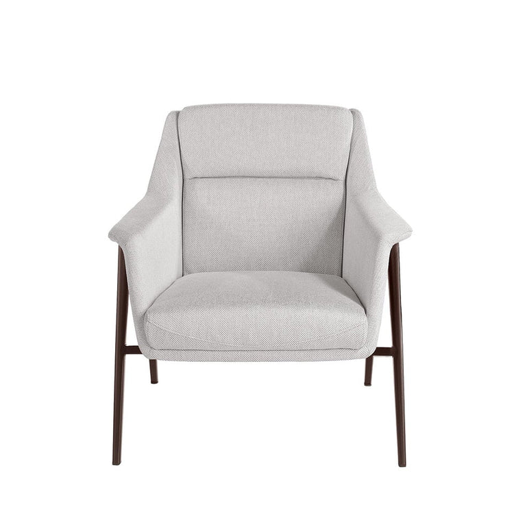 Armchair upholstered in fabric and brown steel legs